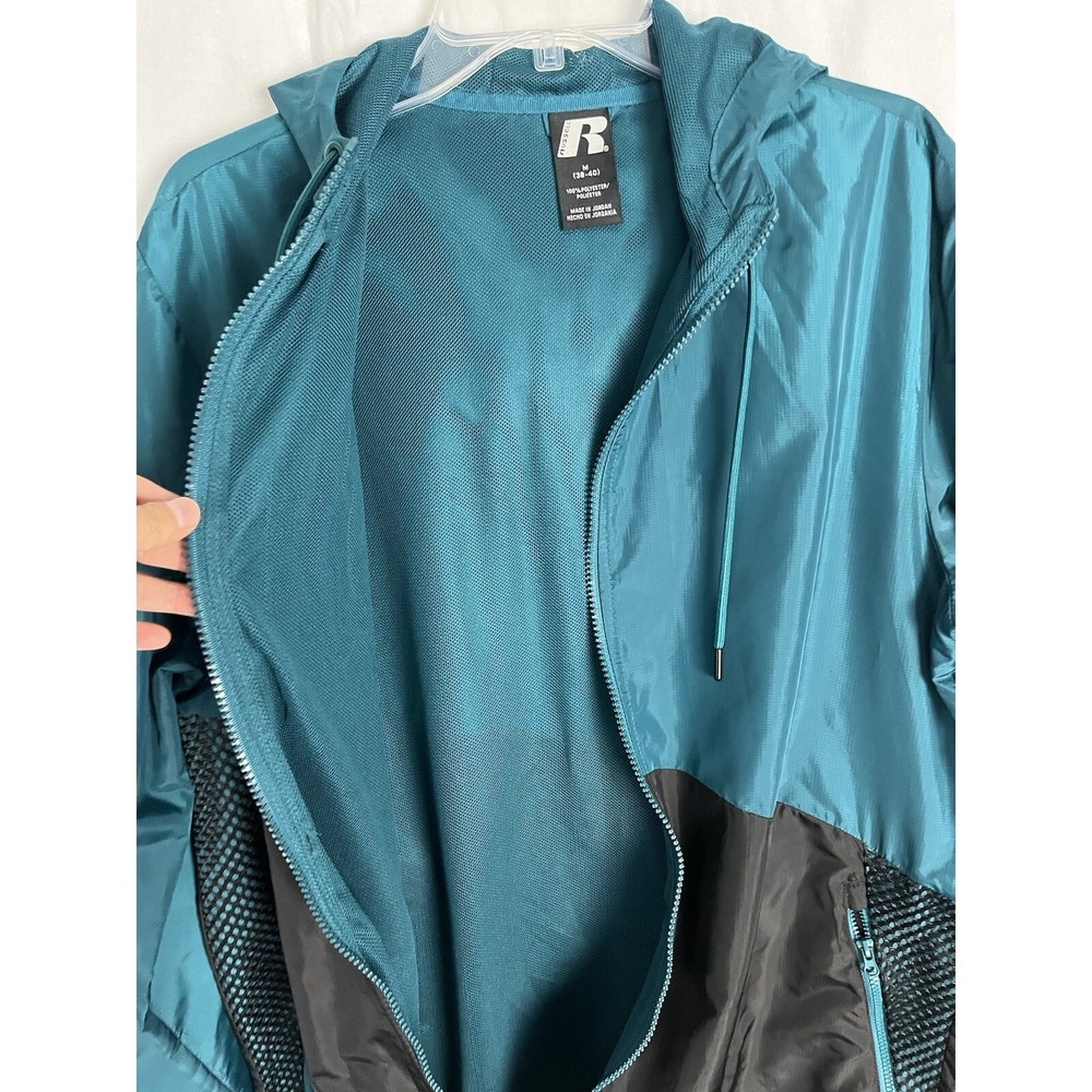 Russell Men's Medium Teal Black Colorblock Hooded Windbreaker Jacket - Picture 4 of 5